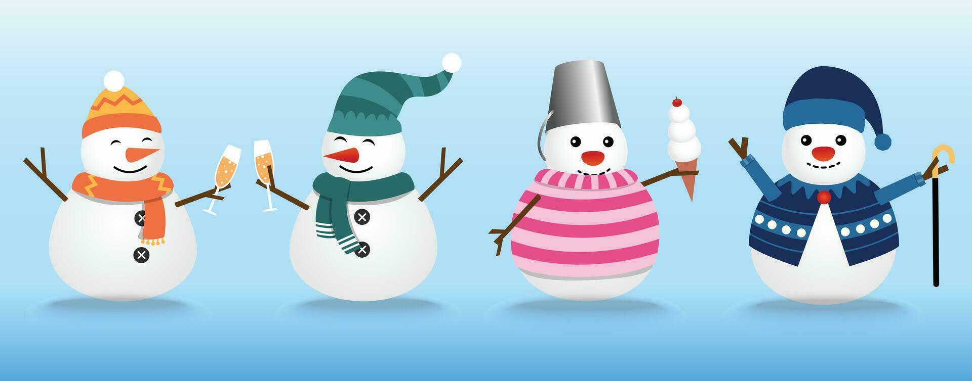 das Sammlung von Schneemänner trägt das Winter Thema. Grafik Ressource Über Winter und Weihnachten zum Inhalt, Schneemann mit Sekt, Eis Creme, und Stock. Vektor Illustration.