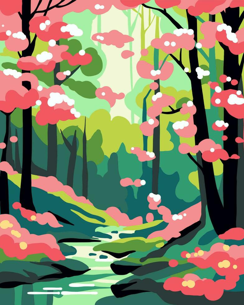vektor abstrakt illustration av en ström strömmande genom en skog, körsbär blomma skog, ljus skog, ljus landskap, vår landskap, vektor, platt mönster, för baner, affisch