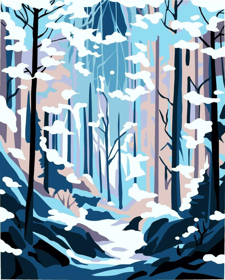 Vektor abstrakt Illustration von schneebedeckt Wald, Schnee Wald, schneebedeckt Wald, üppig Winter Wald Landschaft, Vektor, eben Muster, zum Banner, Poster, schneebedeckt Landschaft