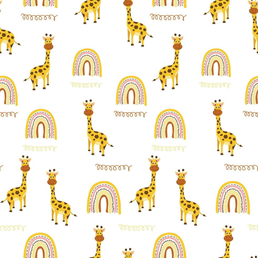 nahtlos Muster mit süß Giraffen und Regenbögen auf ein Weiß Hintergrund. Muster zum Kinder- Kleidung, Notizbuch Abdeckung, Verpackung Papier. Vektor Bild