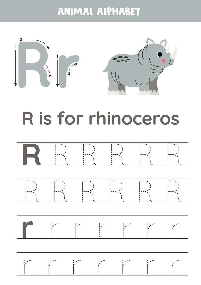 spårande alfabet brev för ungar. djur- alfabet. r är för noshörning. vektor