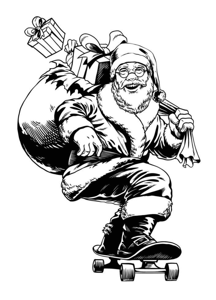 santa claus ridning skateboard i årgång hand dragen illustration vektor