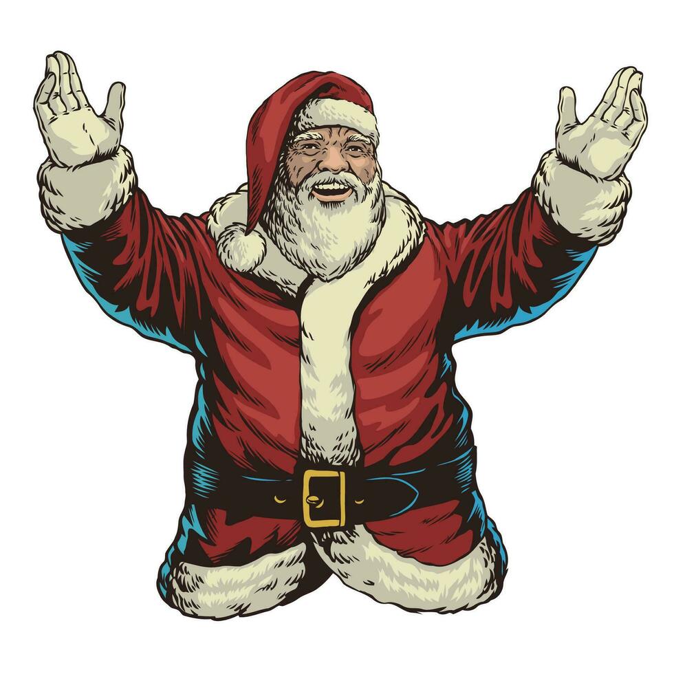 Santa tragen Sonnenbrille mit öffnen Arm im Jahrgang Hand gezeichnet Stil vektor