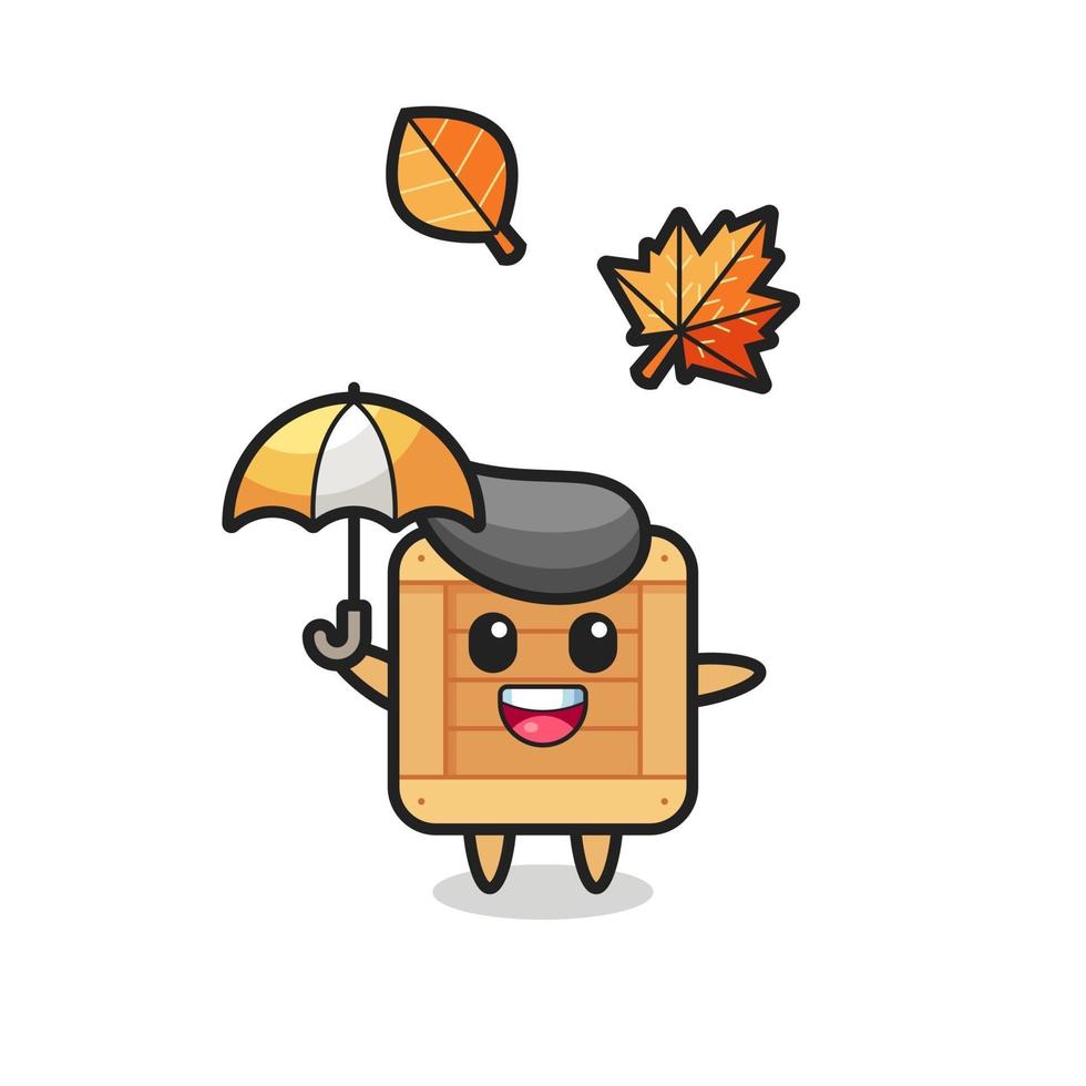 Cartoon der niedlichen Holzkiste mit einem Regenschirm im Herbst vektor