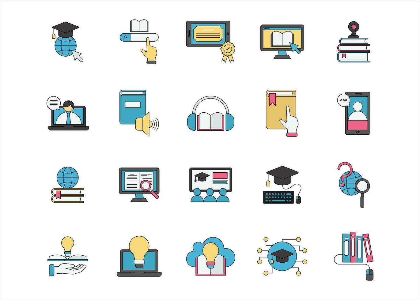 e-learning färgad ikon uppsättning, uppkopplad utbildning vektor grafisk illustration