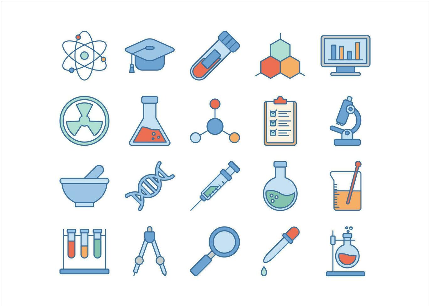 vetenskap färgad ikon samling, experimentera studie vektor grafisk