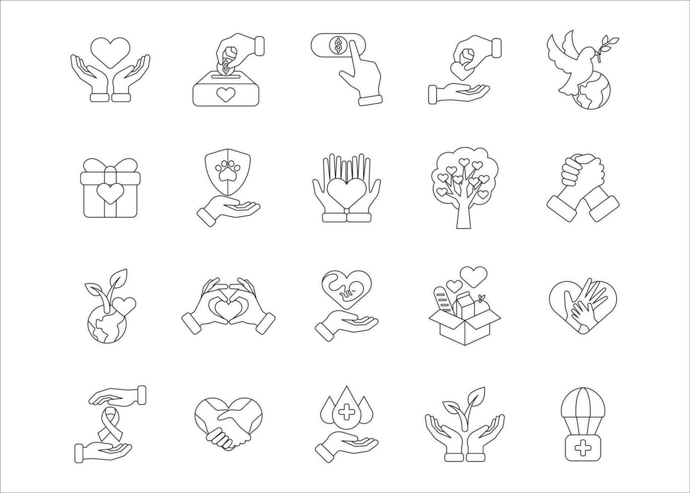 välgörenhet linje ikon samling, solidaritet symbol vektor grafisk illustration