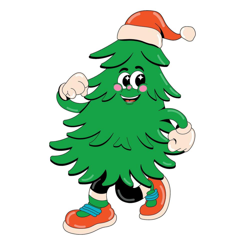 komisch Weihnachten Baum Charakter im retro Karikatur Stil. 60er-80er Jahre Vektor Illustration. fröhlich Weihnachten und glücklich Neu Jahr.