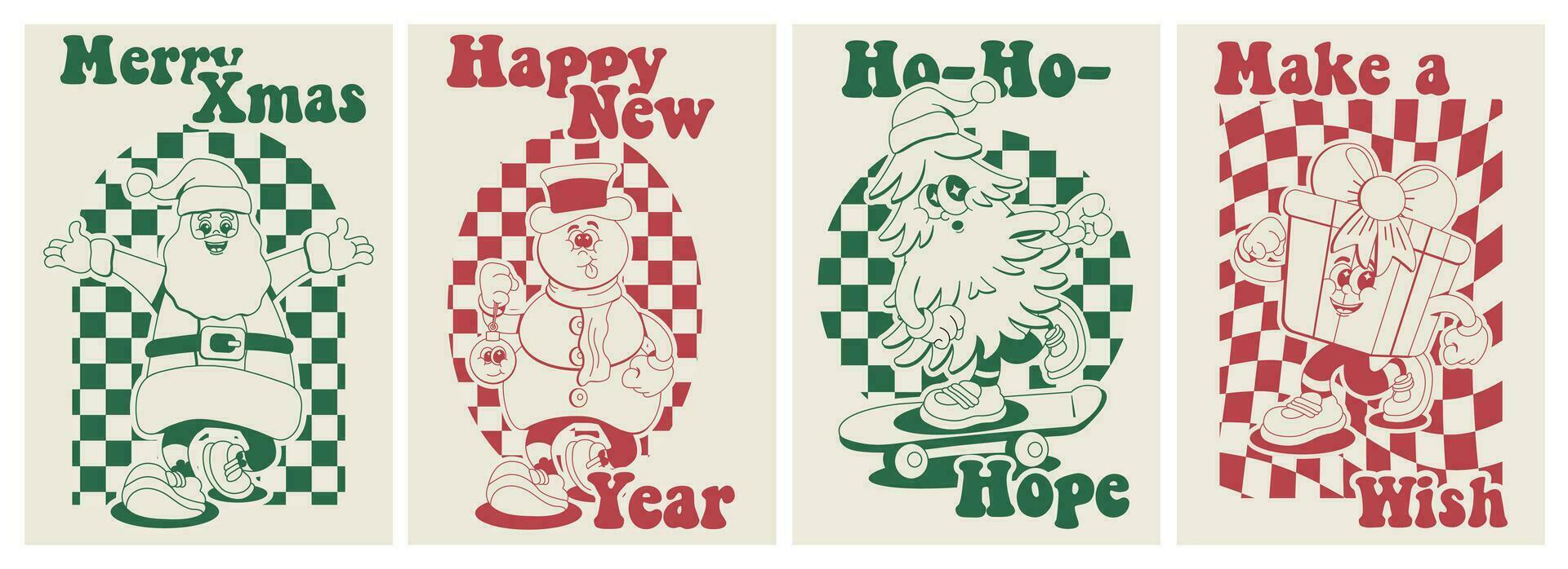 hälsning posters i retro tecknad serie stil glad jul. tomte, snögubbe, jul träd, gåva i modern vektor design.