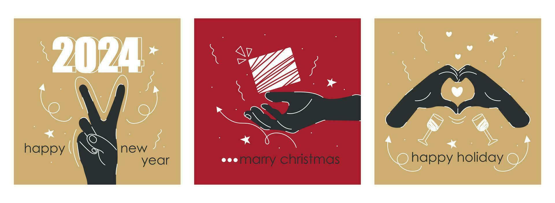 glücklich Neu Jahr 2024 Poster Design. mit Hände halten ein Geschenk, Champagner und Konfetti. modern eben Vektor Vorlage zum Banner, Poster, Postkarte mit Kritzeleien.