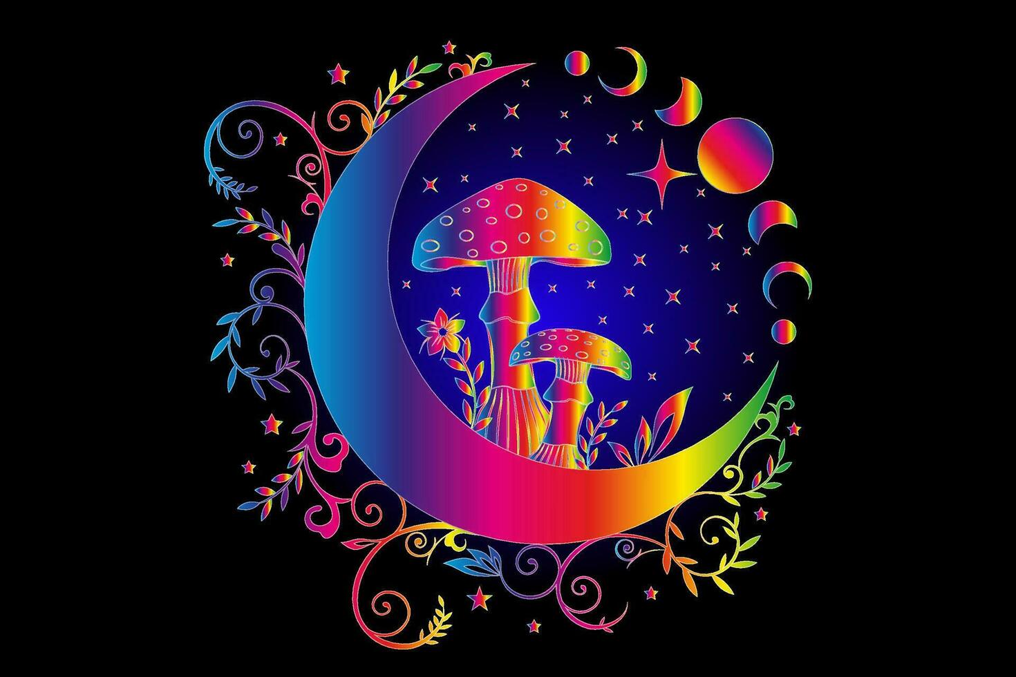 himmelsk mystisk boho svamp, magi amanita muscaria med måne och stjärnor, trolldom symbol, trollhårig esoterisk psychedelic begrepp. fest rave, Trans musik, måne fas, blommig element på svart vektor