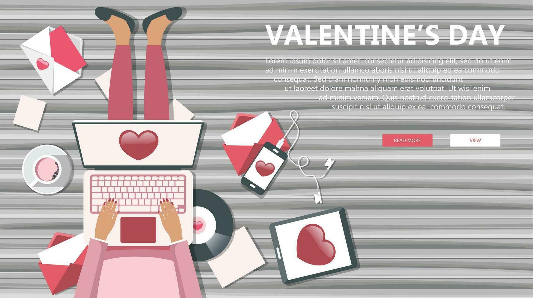 Valentinstag Tag Banner zum Webseiten. Mädchen Sitzung auf hölzern Fußboden und halten Runde oben im ihr Schoß. eben Vektor Illustration