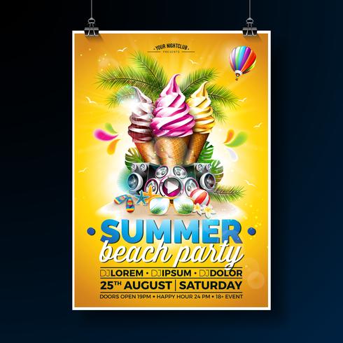 Sommer-Strandfest-Flyer-Design mit Eiscreme und Lautsprechern vektor