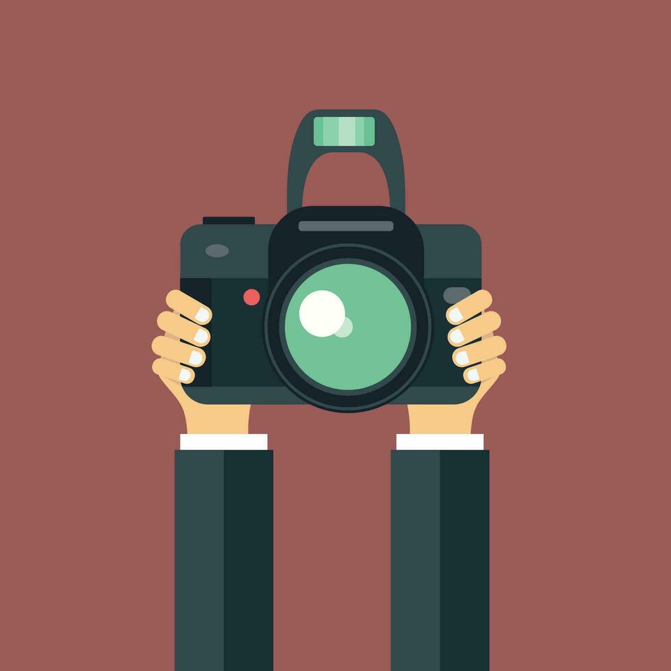 Illustration von Hand halten Kamera. Konzept zum Journalismus und Fotografie. eben Vektor Illustration