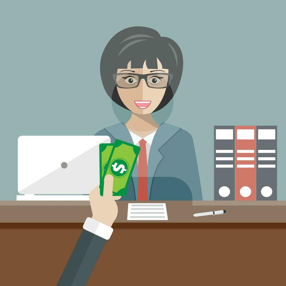 Bank Erzähler Sitzung hinter Glas. Frau Verkäufer im ein Bank Büro Empfang Geld. eben Vektor Illustration