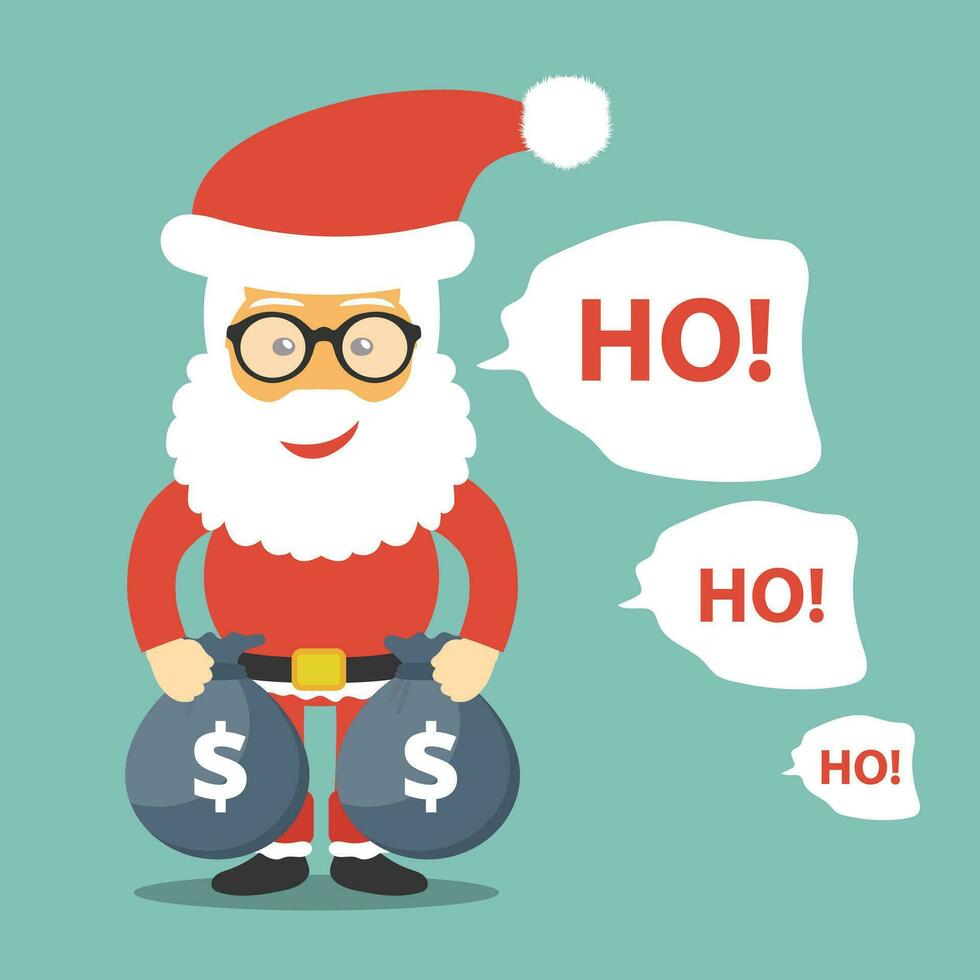 Santa claus Stehen mit Geld Taschen im seine Hände Symbol. ho ho ho Text Nächster zu Weihnachtsmann. Weihnachten Karte. Karikatur Santa Charakter Illustration. vektor