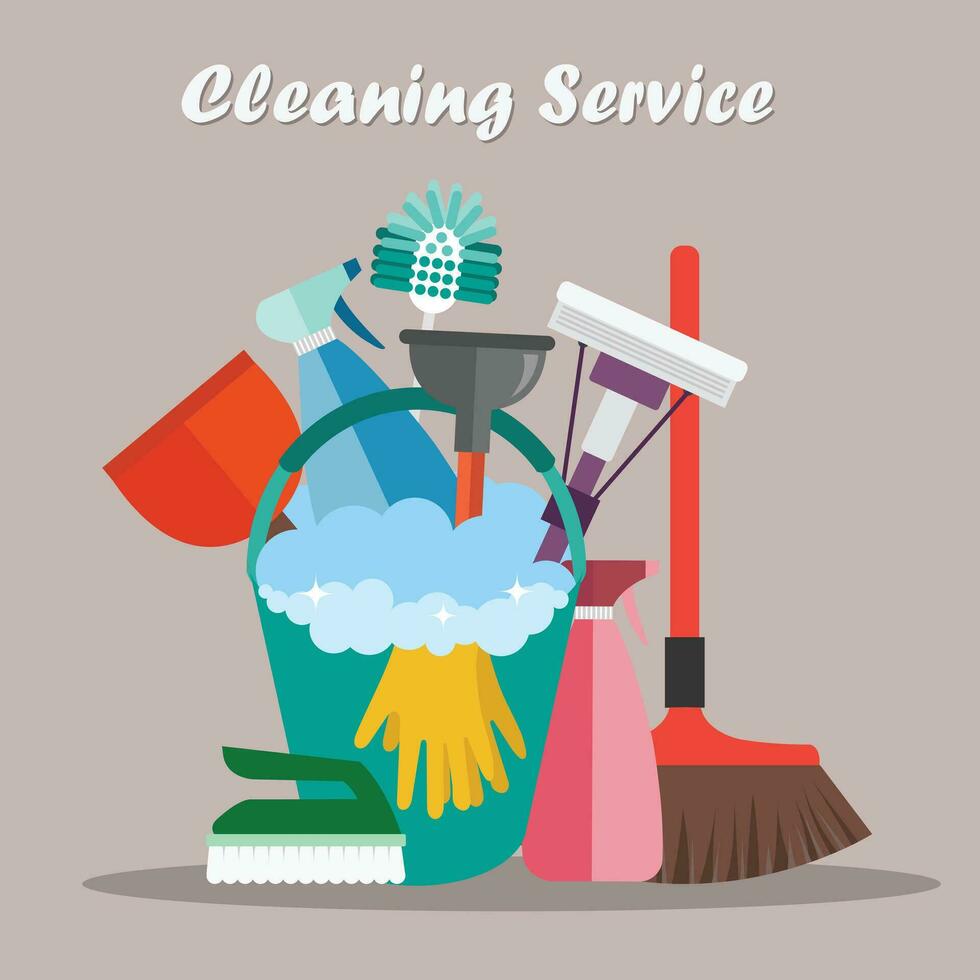 Utrustning rengöring service begrepp. affisch mall för hus rengöring tjänster med olika verktyg. platt vektor illustration