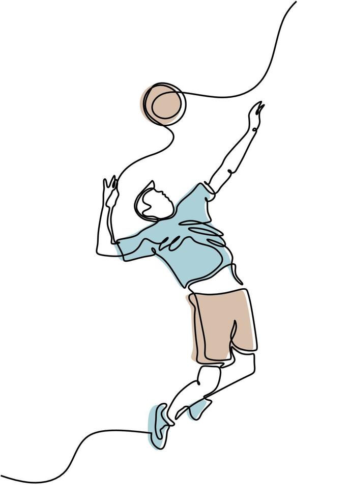 kontinuerlig linje ritning av ung man idrottsman volleyboll fitness vektor