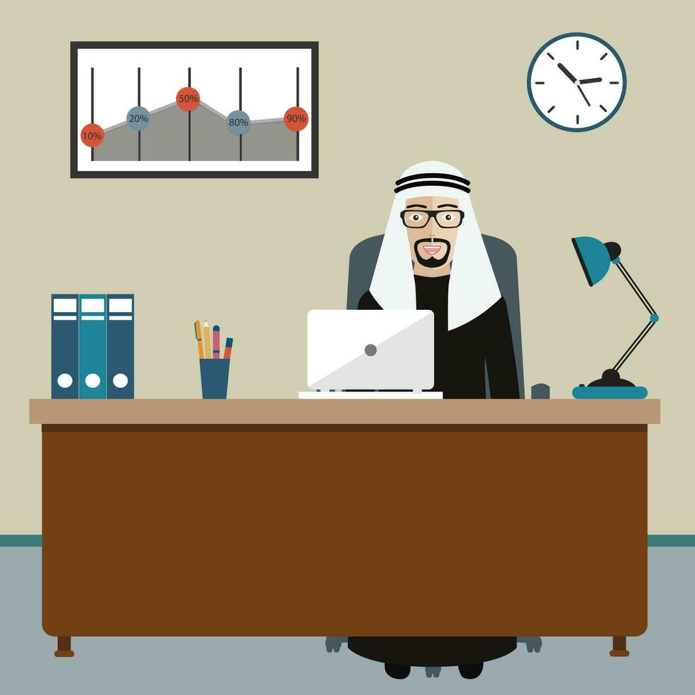 arabisch Geschäftsmann Sitzung im Büro. eben Vektor Illustration