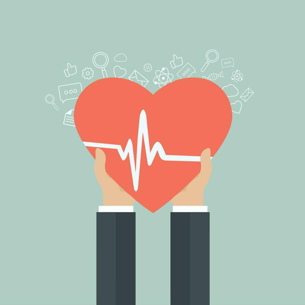 medicin och hälsa vård ikon. händer innehav hjärta med puls tecken. platt vektor illustration.