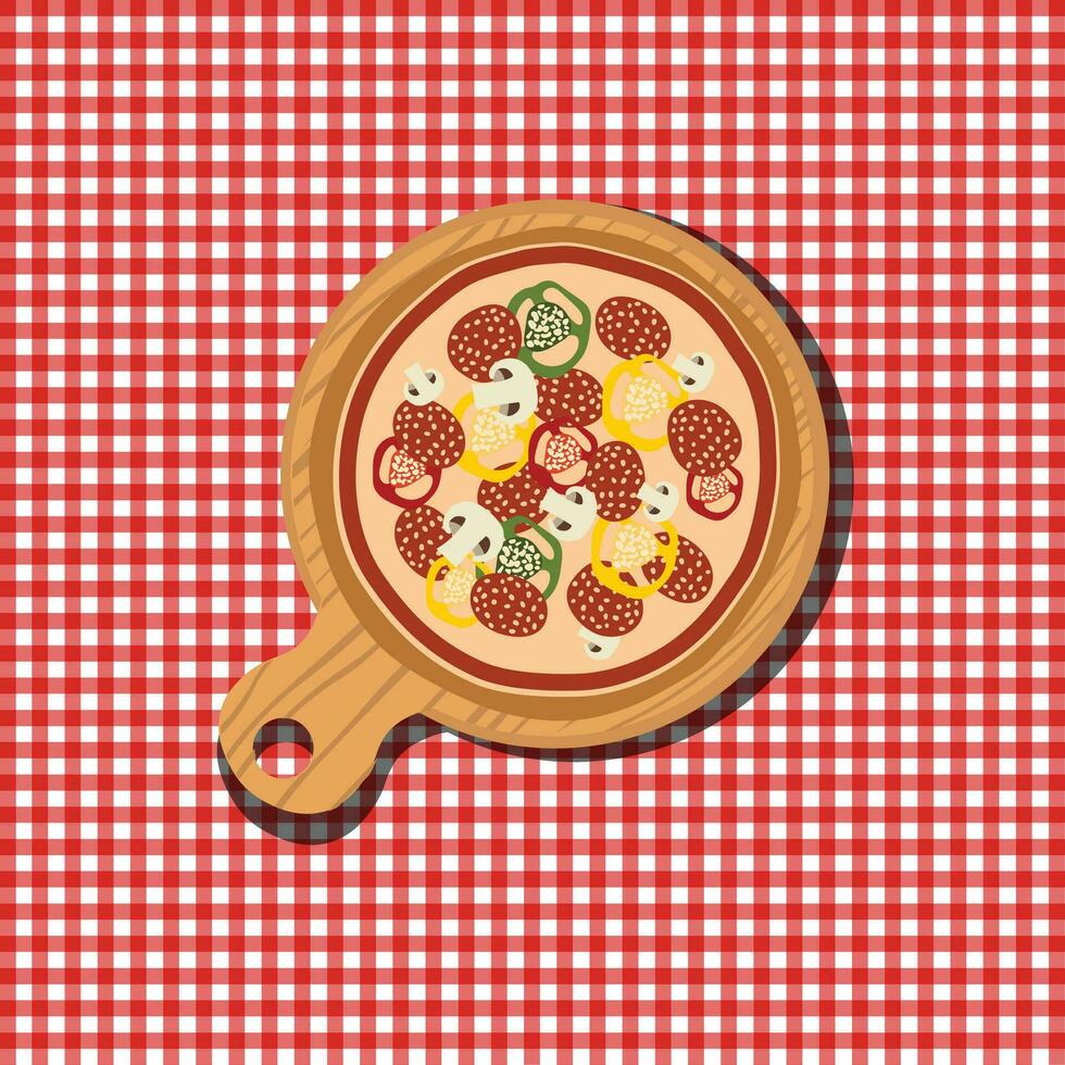 pizza på trä- styrelse. gott och färsk italiensk snabb mat. platt vektor illustration.