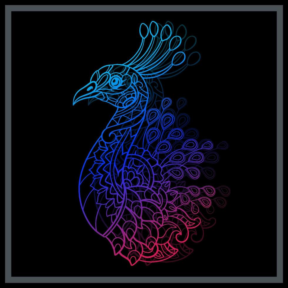 Gradient bunt Pfau Vogel Mandala Kunst isoliert auf schwarz Hintergrund. vektor