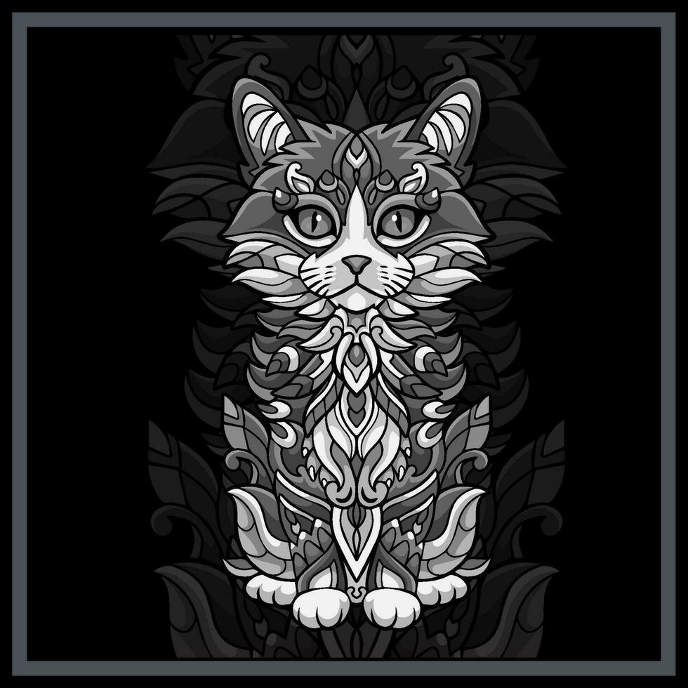 svartvit katt mandala konst isolerat på svart bakgrund. vektor