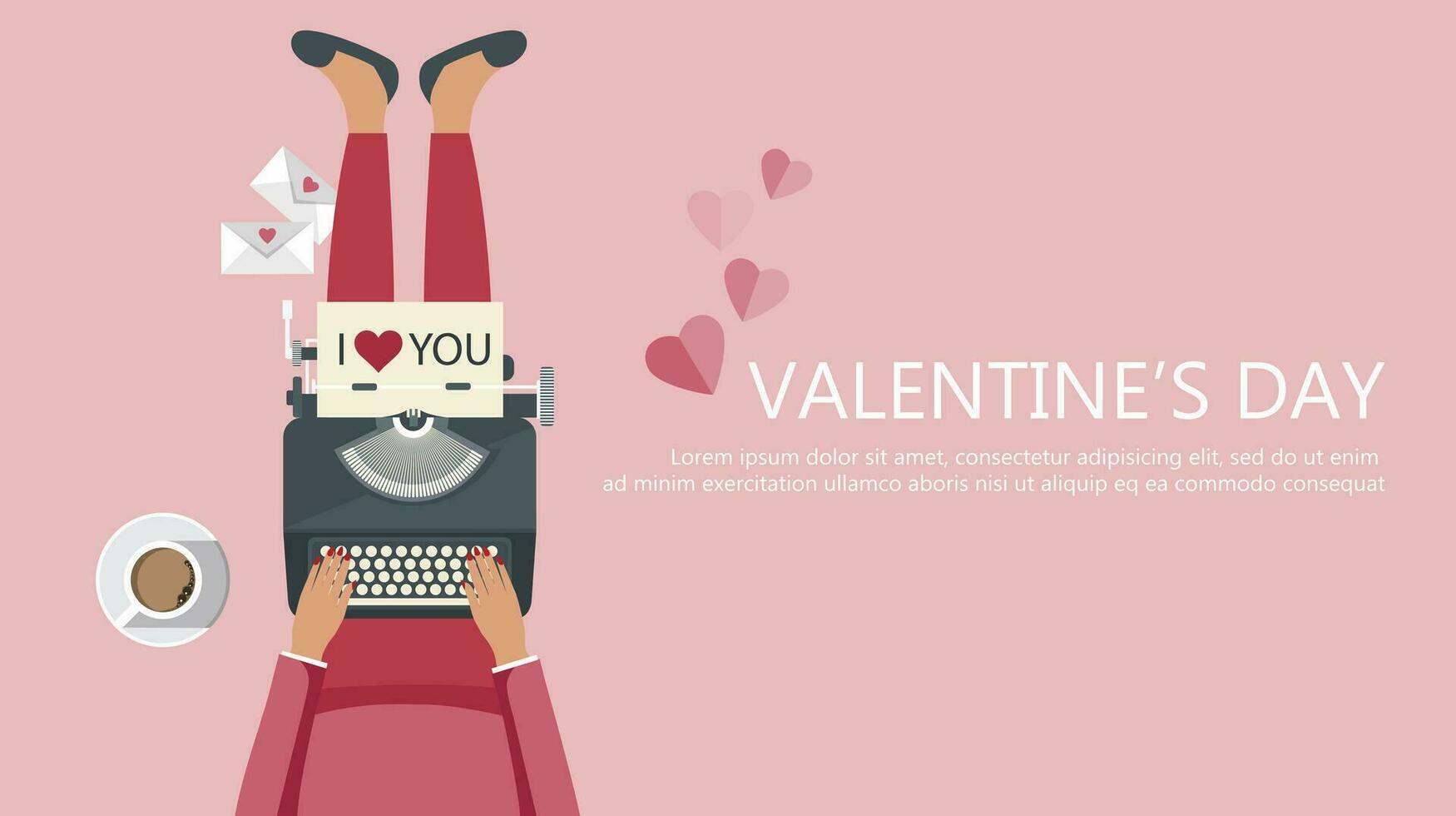 Valentinsgrüße Tag Banner. Mädchen Sitzung auf das Fußboden und halten Schreibmaschine Maschine mit Botschaft auf Papier. Liebe Konzept. eben Vektor Illustration