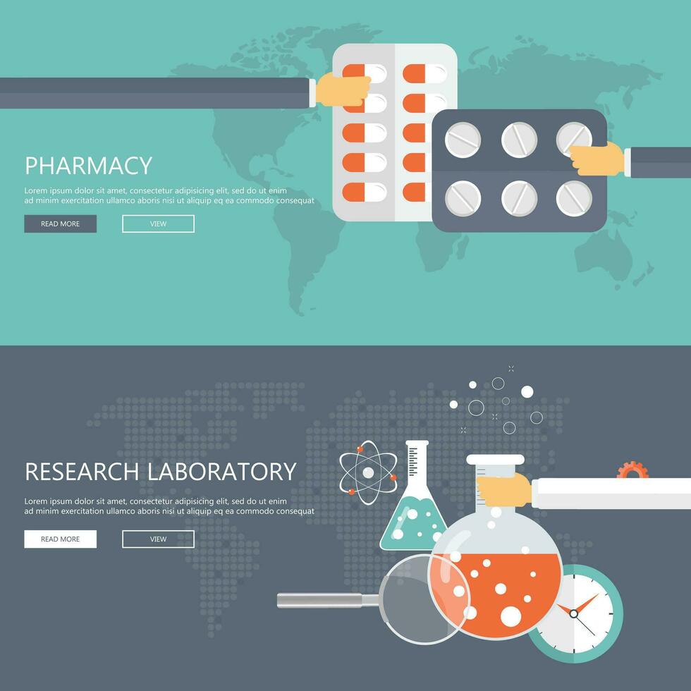 apotek och forskning laboratorium banderoller. hälsa vård och medicin begrepp. platt vektor illustration