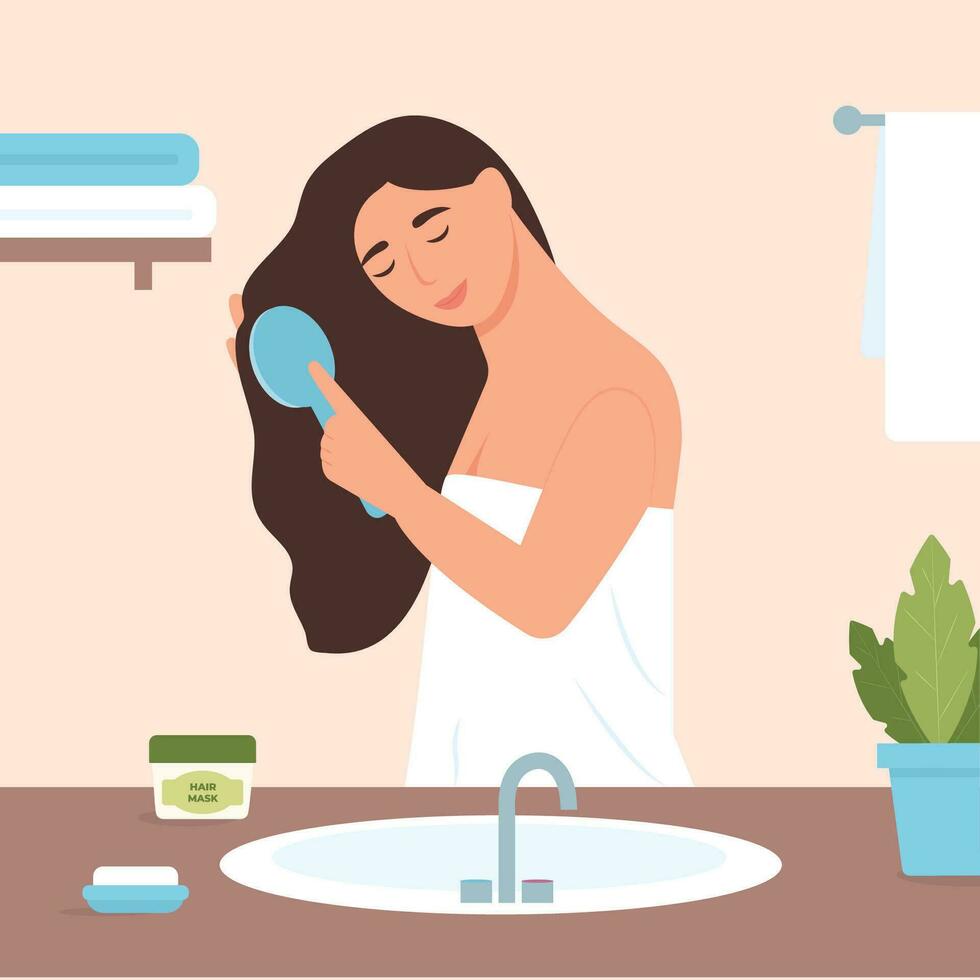 kvinna pensling lång friska hår i badrum. lady innehav hårkam i hand. dagligen rutin, spa, själv vård aktivitet. hår vård begrepp. vektor illustration