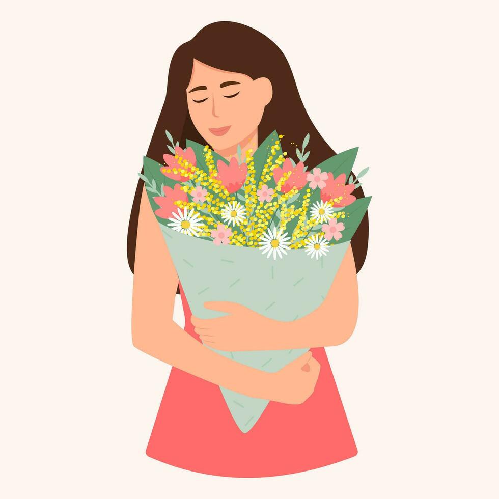 skön kvinna innehav blommor bukett i händer . vår Semester vektor illustration.