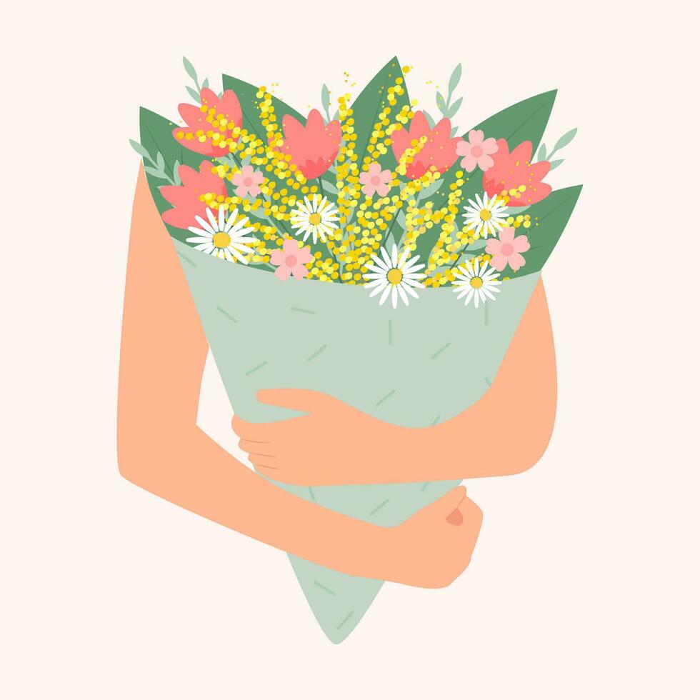 Hände halten Strauß oder Trauben von Blühen Blumen. Vektor Illustration