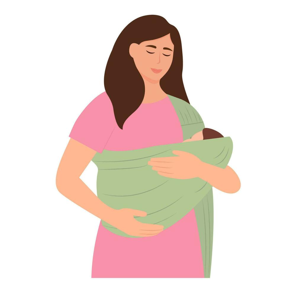 Mama hält ihr Baby im ein Schlinge. Frau Tragen ihr wiedergeboren Kind im Baumwolle Schlinge, Baby Gefühl Liebe und Schutz von Mutter. Vektor Illustration
