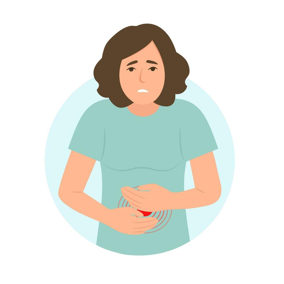 Frau mit Bauch schmerzen berühren Bauch. Bauch Schmerz. Appendizitis, schmerzlich Menstruation, Essen Vergiftung, Durchfall. Vektor Illustration.