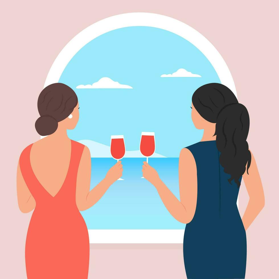 weiblich freunde mit Wein genießt das Sommer- Landschaft.Meereslandschaft durch das window.vector Illustration vektor