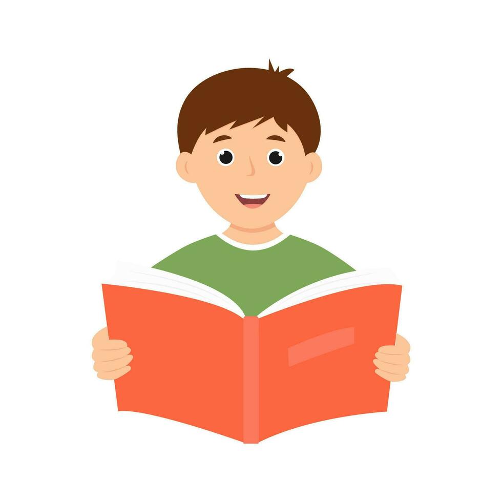 leende söt unge pojke innehav öppen bok. Lycklig barn läsning en bok. vektor illustration isolerat