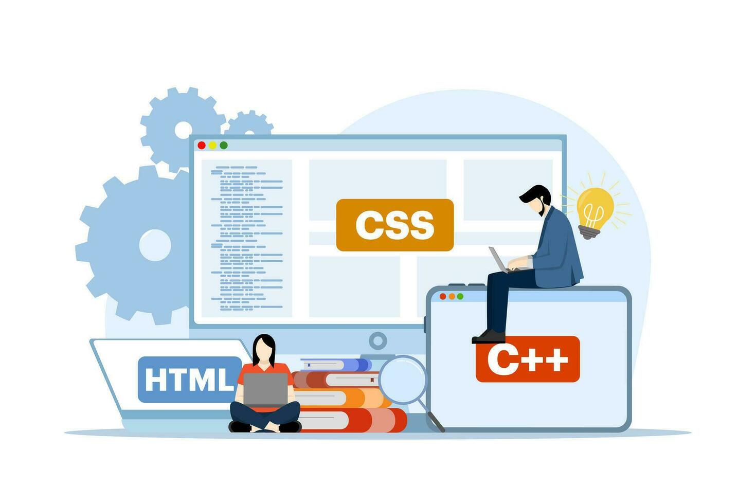 Netz Entwicklung Konzept. Programmierung Sprache. CSS, html, Es, ui. Karikatur Charakter Programmierer Entwicklung Webseite, Kodierung. eben Vektor Illustration auf Weiß Hintergrund.