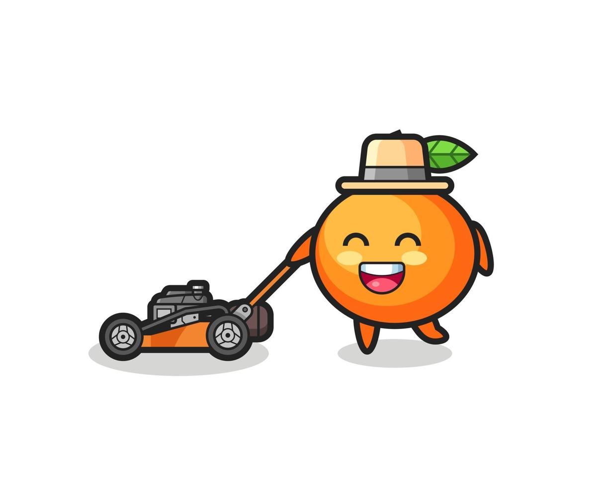 Illustration des Mandarin-Orangen-Charakters mit Rasenmäher vektor
