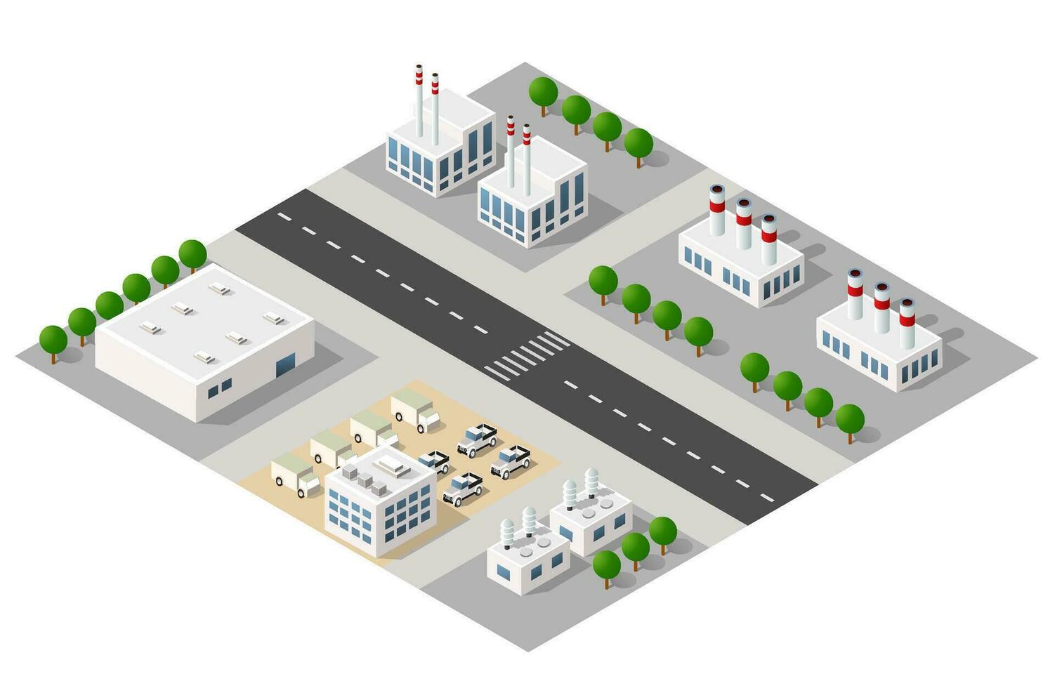 isometrisch 3d Stadt Modul industriell städtisch Fabrik welche beinhaltet Gebäude, Leistung Pflanzen, Heizung Gas, Lagerhaus. vektor