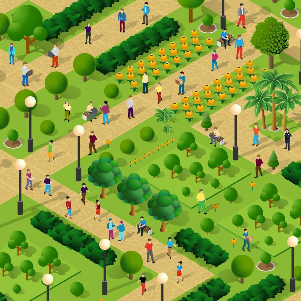 isometrisk människor livsstil kommunikation i ett urban miljö i en parkera med bänkar och träd 3d illustration vektor