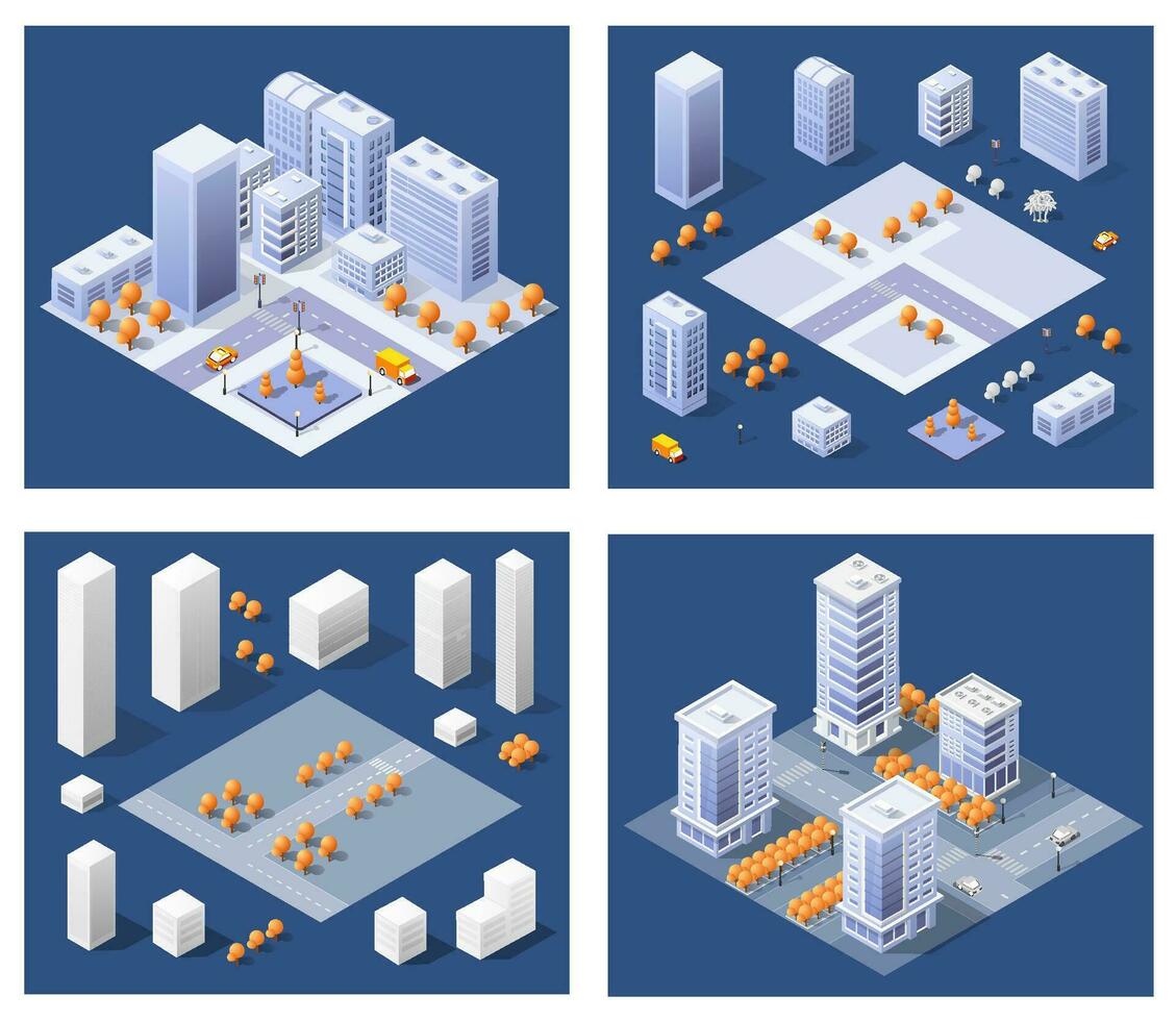 stad stadsområde karta isometriska nattljus ultravioletta 3d illustration arkitektur stadsgata med mycket hus och skyskrapor, gator, träd och fordon vektor