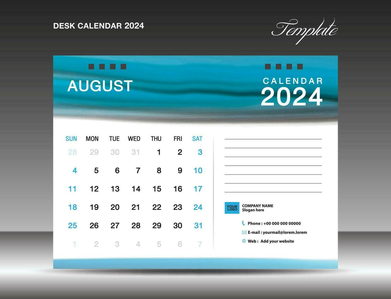 Schreibtisch Kalander 2024 - - August 2024 Vorlage, Kalender 2024 Design Vorlage, Planer, einfach, Mauer Kalender Design, Woche beginnt auf Sonntag, Drucken, Werbung, Blau Aquarell Hintergrund, Vektor