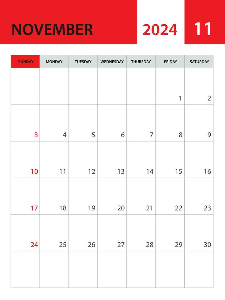 november 2024 mall, kalender 2024 mall vektor, planerare en gång i månaden design, skrivbord kalender 2024, vägg kalender design, minimal stil, annons, affisch, röd utskrift media, enkel vektor