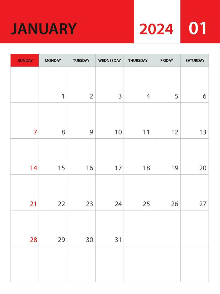 januari 2024 mall, kalender 2024 mall vektor, planerare en gång i månaden design, skrivbord kalender 2024, vägg kalender design, minimal stil, annons, affisch, röd utskrift media, enkel vektor