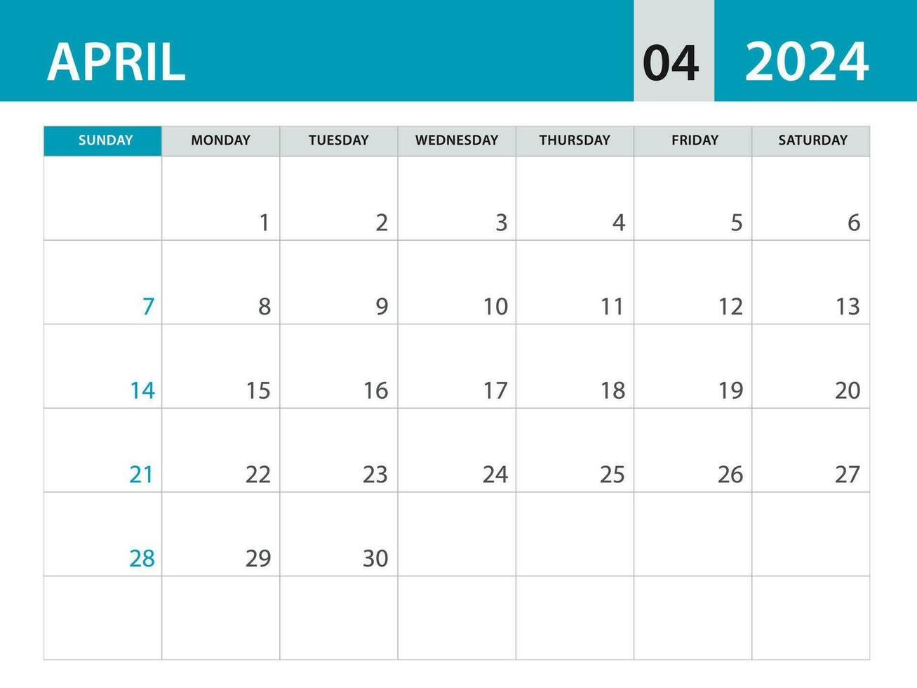 april 2024 mall - kalender 2024 mall vektor, planerare en gång i månaden design, skrivbord kalender 2024, vägg kalender design, minimal stil, annons, affisch, utskrift media, blå horisontell layout vektor