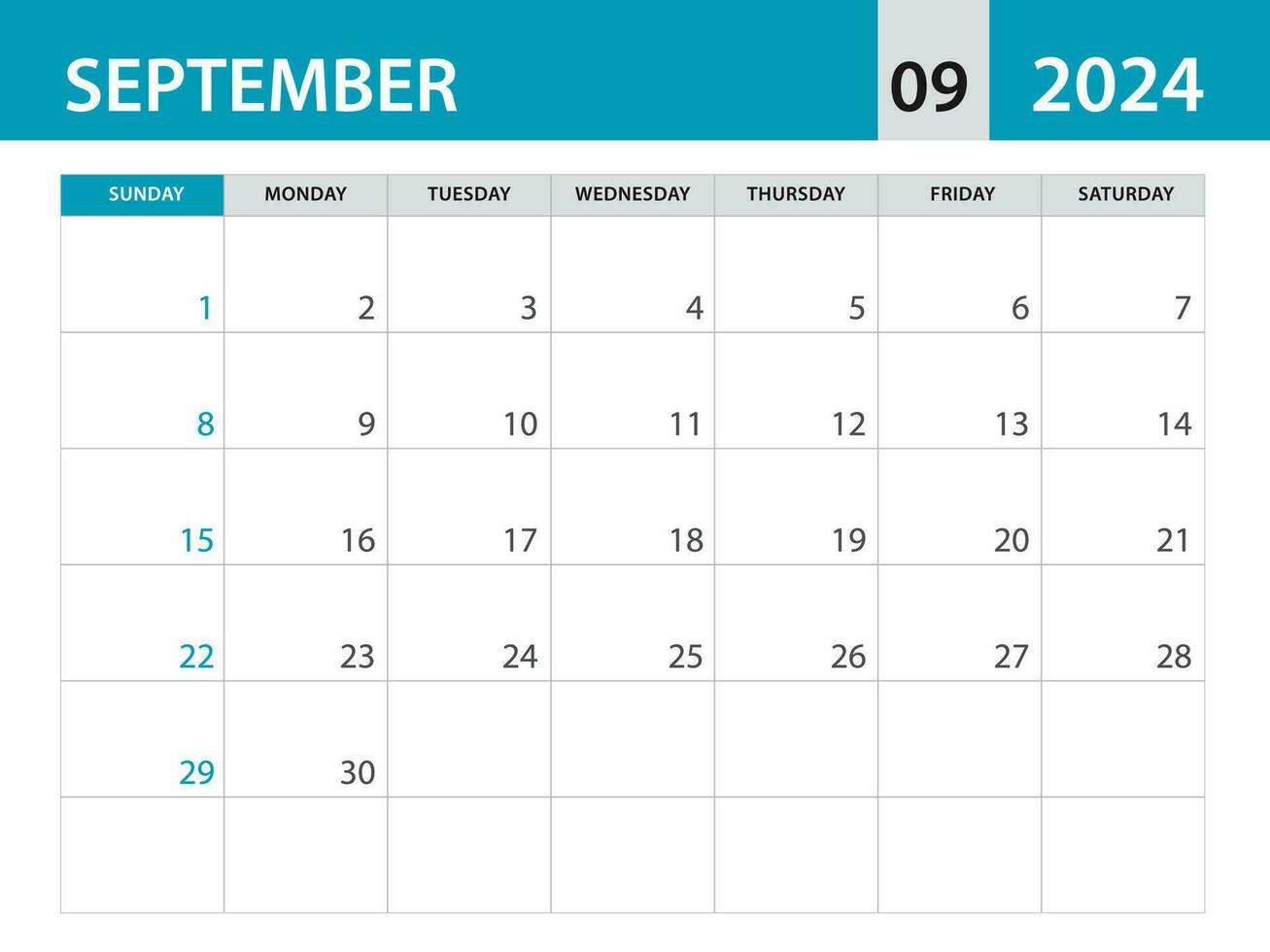 september 2024 mall - kalender 2024 mall vektor, planerare en gång i månaden design, skrivbord kalender 2024, vägg kalender design, minimal stil, annons, affisch, utskrift media, blå horisontell layout vektor