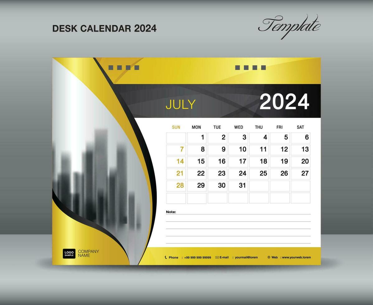 kalender 2024 mall guld begrepp, juli 2024 mall, skrivbord kalender 2024 år på guld bakgrunder lyxig begrepp, vägg kalender design, planerare, utskrift media, flygblad, vektor