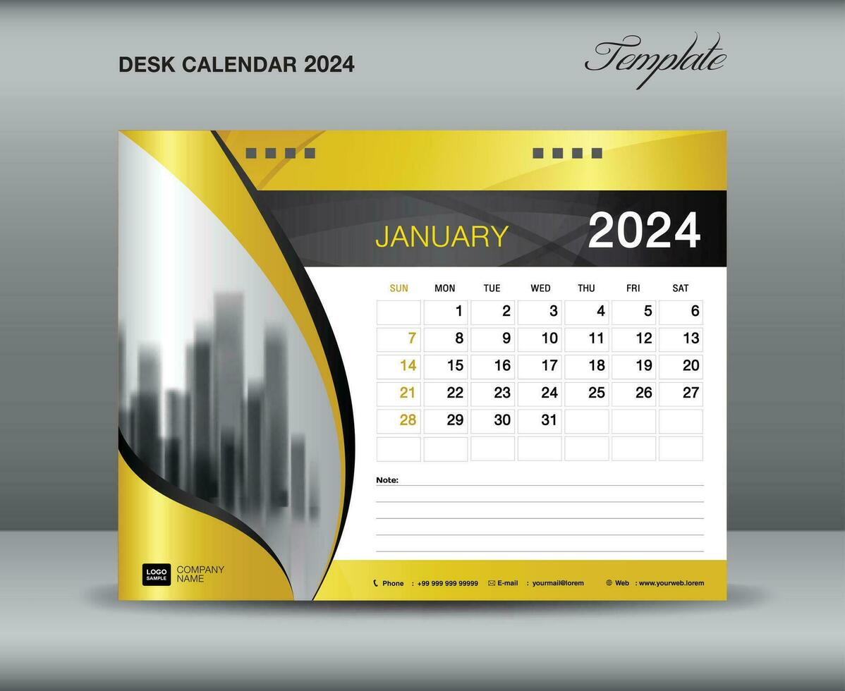 kalender 2024 mall guld begrepp, januari 2024 mall, skrivbord kalender 2024 år på guld bakgrunder lyxig begrepp, vägg kalender design, planerare, utskrift media, flygblad, vektor