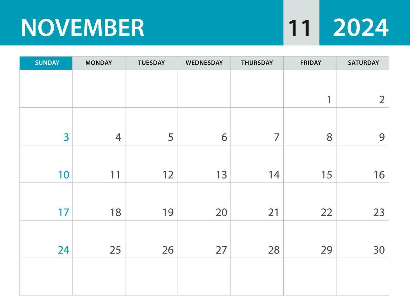 november 2024 mall - kalender 2024 mall vektor, planerare en gång i månaden design, skrivbord kalender 2024, vägg kalender design, minimal stil, annons, affisch, utskrift media, blå horisontell layout vektor