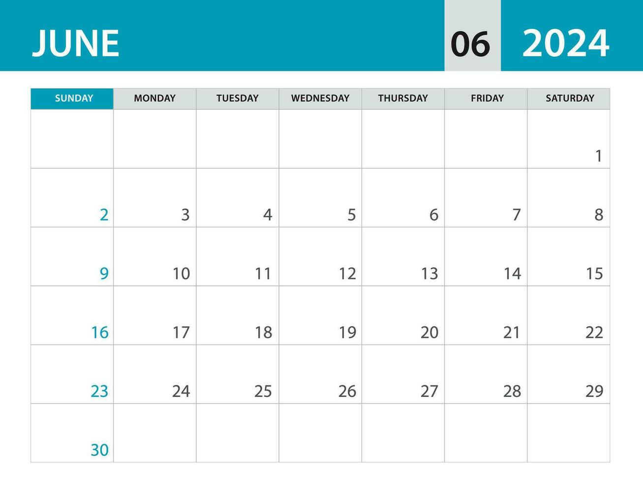 Juni 2024 Vorlage - - Kalender 2024 Vorlage Vektor, Planer monatlich Design, Schreibtisch Kalender 2024, Mauer Kalender Design, minimal Stil, Werbung, Poster, Drucken Medien, Blau horizontal Layout vektor